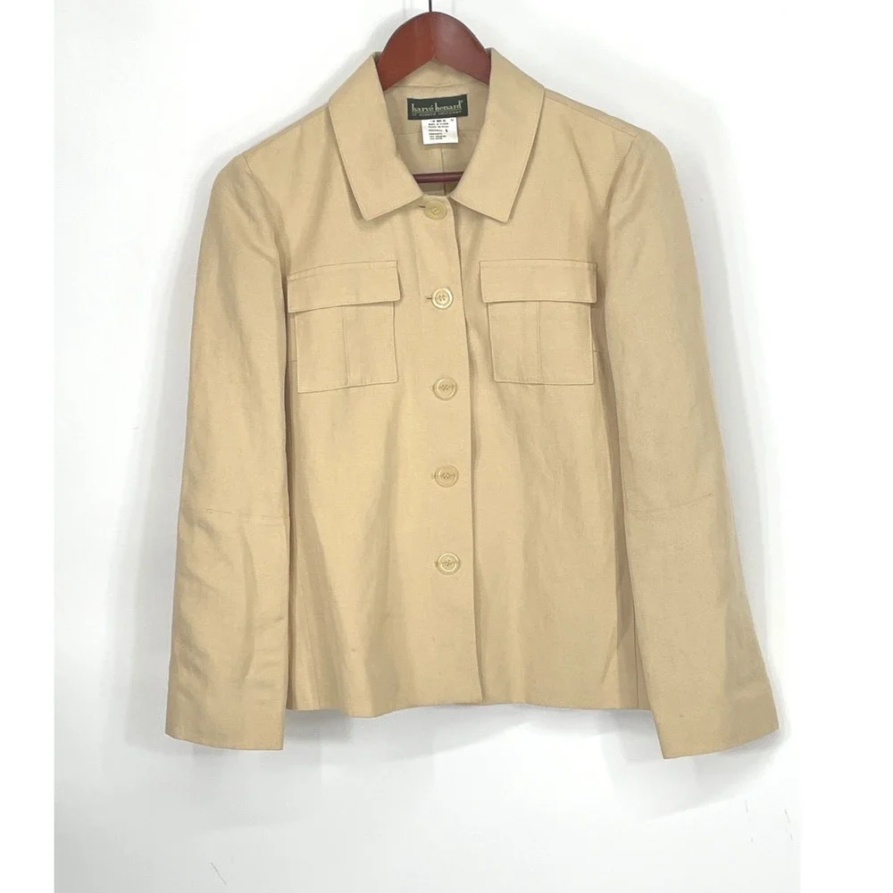 Harve Benard Womens Jacket 6 Blazer Tan Linen Blend Button Utility